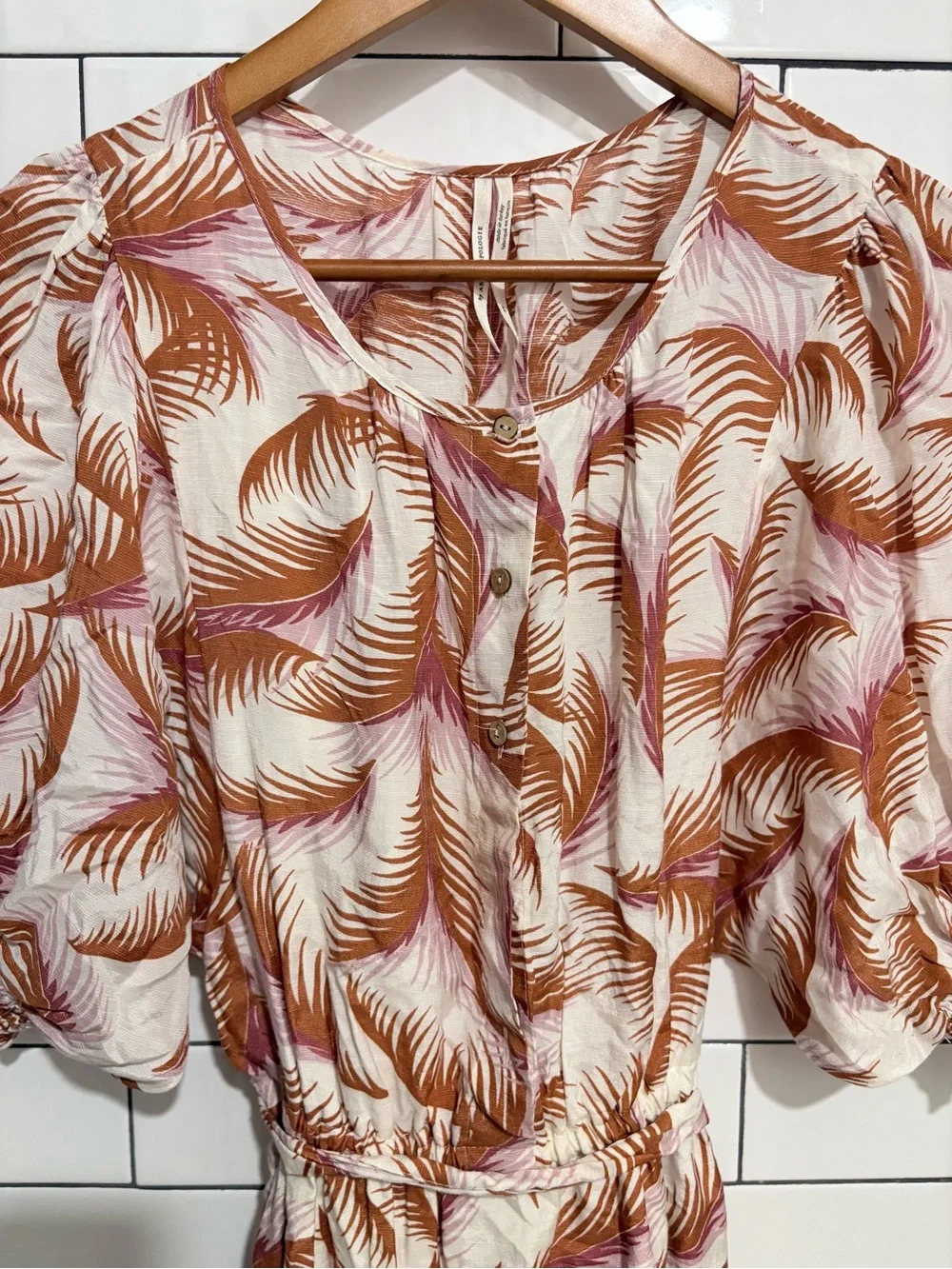 Anthropologie Nicole Linen Puff Sleeve Feathers Ivory Shirt Dress